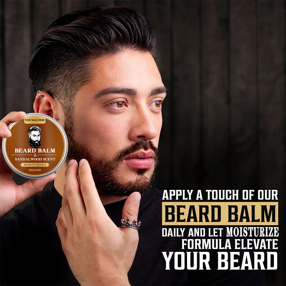 Organic Beard Growth Oil & Sandalwood Balm 1/2/4 Set-24H Nourishing, No Flakes, Men's Grooming Kit with Argan Oil & Vitamin E - BlissFully