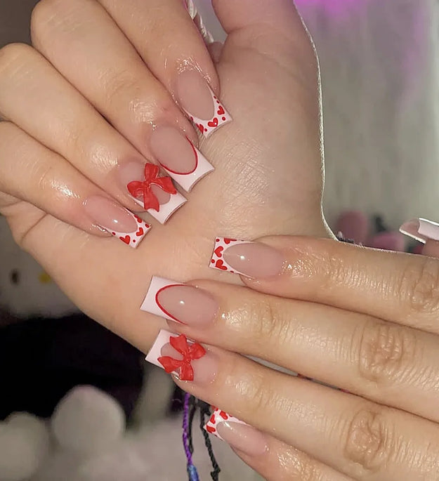 24Pcs Pink French Style Fake Nails 3D Bowknot Designs Short Square Press on Nails Sweet Korean Fashion False Nail for Women Girl