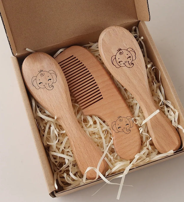3pcs set engraving panda baby comb brush set newborn gift set Natural Wool beech Wooden Comb Baby Hair Brush air cushion comb
