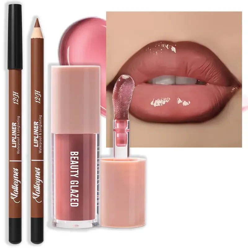 2pcs Waterproof Long-Lasting Matte Lip Makeup Set - Lip Liner & Glaze Combo with Pencil Texture, Red, Brown, Pink, Nude Tones