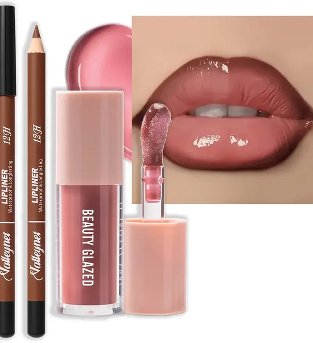 2pcs Waterproof Long-Lasting Matte Lip Makeup Set - Lip Liner & Glaze Combo with Pencil Texture, Red, Brown, Pink, Nude Tones