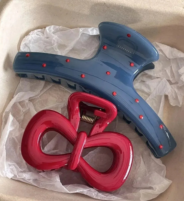 2Pcs/set Vintage Blue Polka Dot Red Bow Hair Clip Shark Claw Clamp Hairpin Barrette Korean Hair Headwear Accessory For Women
