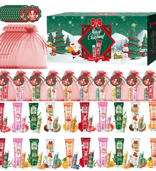 Christmas gift set distribution 120PCS/box in bulk, lip balm in bulk, hand cream in bulk, Christmas cards, gift gauze bags