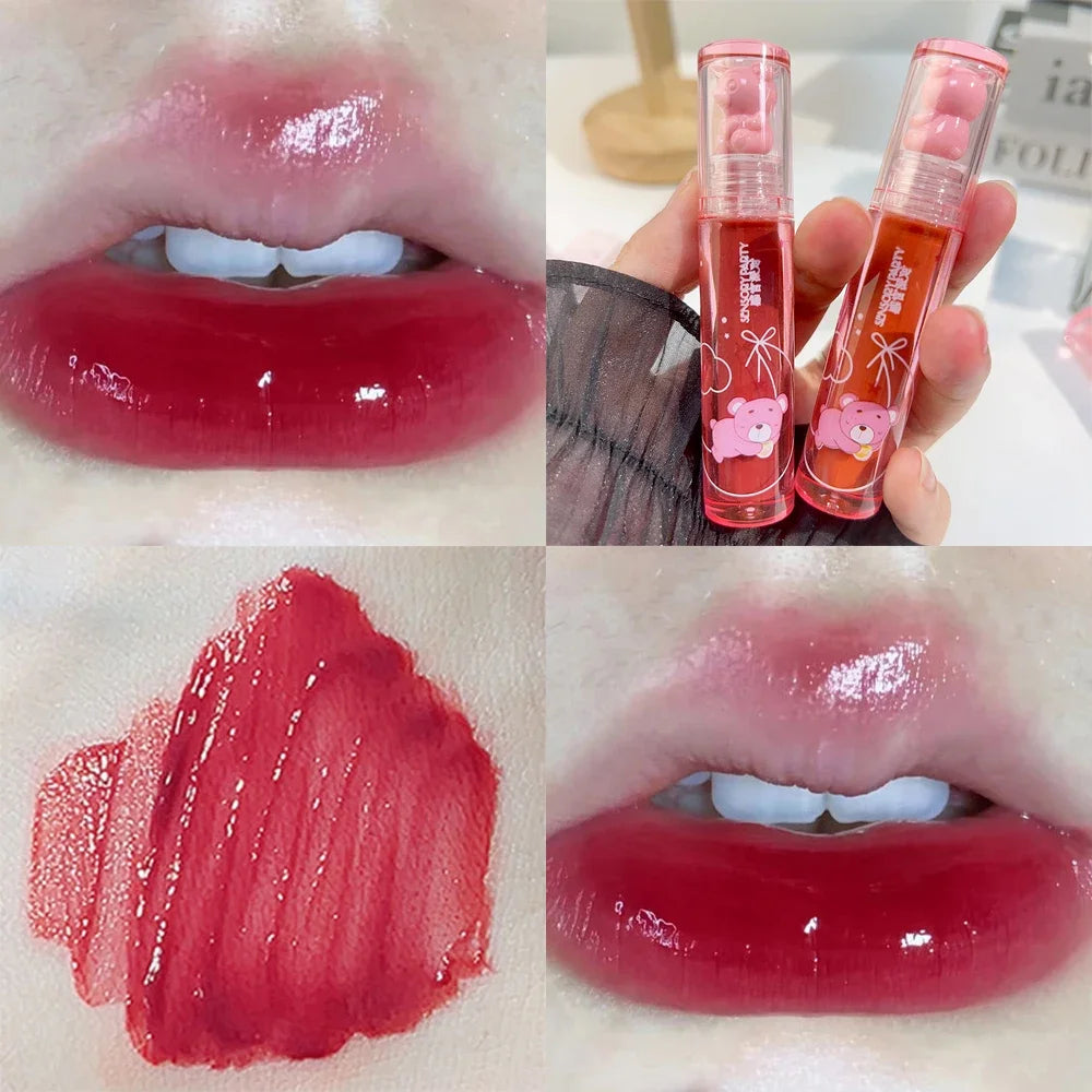 Crystal-frozen Glossy Lip Glaze Cute Bear Pink Jelly Lipgloss Glossy Mirror White Nude Liquid Lipstick Lips Makeup Korean Makeup