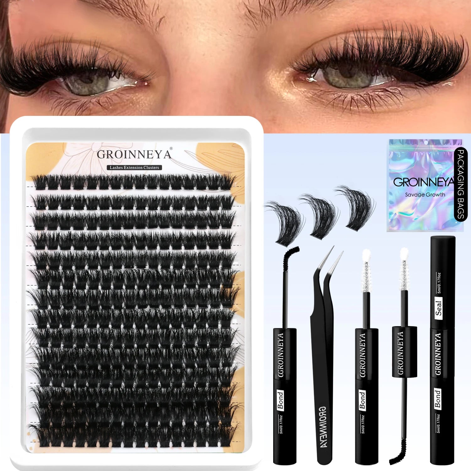 GROINNEYA Lash Clusters Kit With Waterproof Strong Hold DIY Lash Extension Kit Lash Bond And Seal And Eyelash Tweezers Makeup