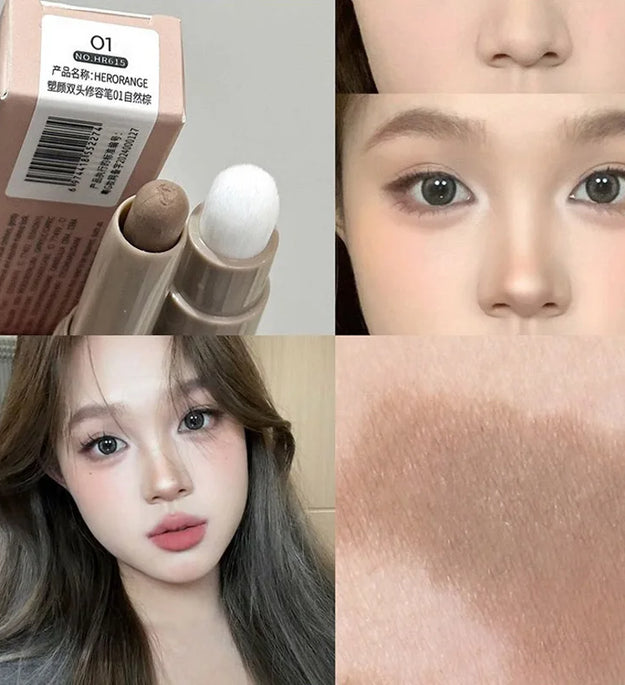 Double Head Contour Stick Bronzer with Brush Face Nose Shadow Cream Contour Pen Waterproof Lasting Contouring Makeup Cosmetics
