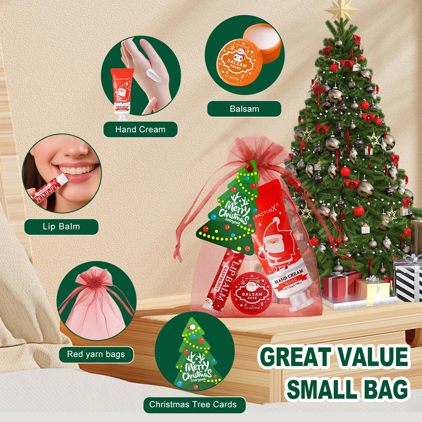 Christmas assembly gift set -5 sets, including balm, hand cream, lipstick, red gauze bag, Christmas tree thank you card