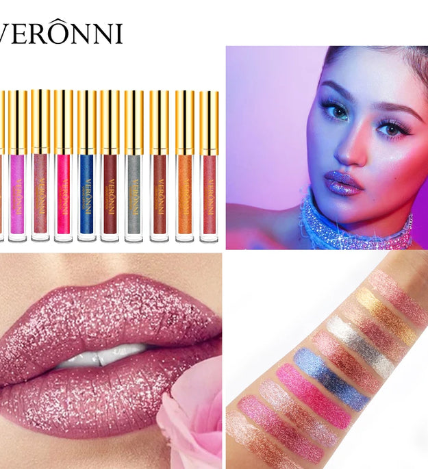15 Color Glitter Liquid Lipsticks Shimmer Shiny Lipgloss Pearlescent Lip Tint Waterproof Long Lasting Matte Diamond Lips Glaze