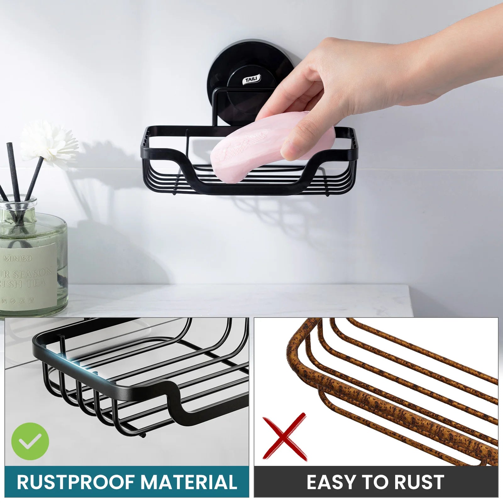 TAILI Soap Holder Bar Soap Dish Suction Cup, Bar Soap Rack for Shower Wall, Draining Soap Saver Tray for Bathroom, Tub, Kitchen