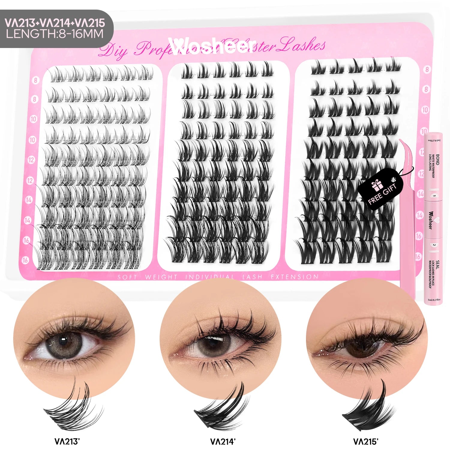 WOSHEER Manga Lash Clusters Kit Cat Lashes with Lash Bond & Seal Cluster Eyelash Extensions Mixed Tray Eyelash Clusters Kit
