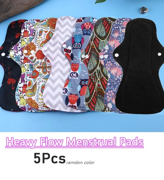 5PCS Reusable Menstrual Pads Heavy Flow Women Menstrual Period Washable Sanitary Napkin Organic Bamboo Charcoal Cloth Pad
