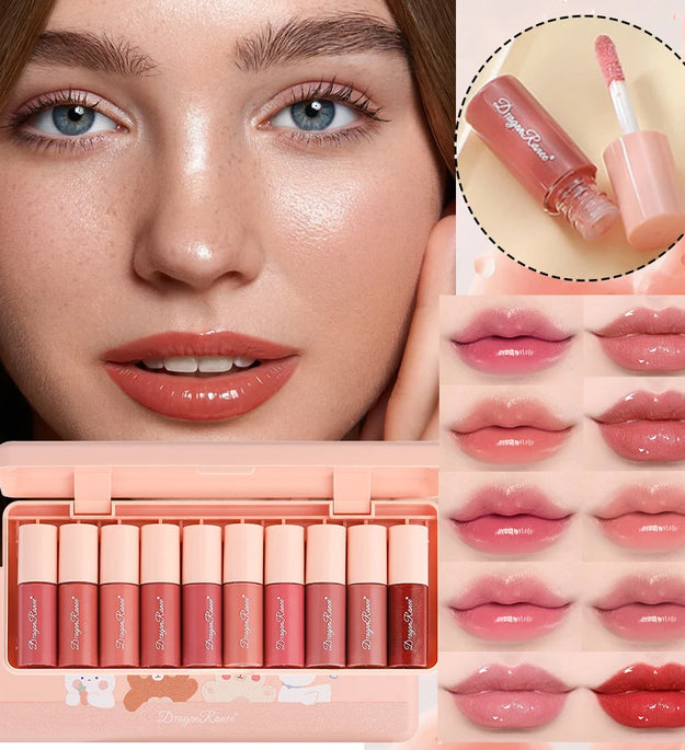 Set of 10 Shimmering Lip Glosses, Easy to Apply, Lip Glaze, Lipstick, Non-Stick Cup, Non-Fading, Moisturizing, Shiny Lip Gloss, Glass Lip, Shimmering Pearlescent Lip Gloss Set