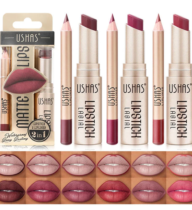 USHAS 12 Color Lip Liner + LIPSTICK Set Easy Coloring Matte Lipstick Long lasting nude red lipstick