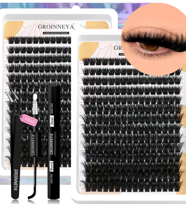 GROINNEYA Lash Clusters Kit With Waterproof Strong Hold DIY Lash Extension Kit Lash Bond And Seal And Eyelash Tweezers Makeup