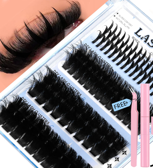 Lasvirey Cluster Lashes Kit DIY Fluffy Lash Clusters 4 IN 1 Mixed Full Set Individual Eyelashes Extension with Lash Bond & Seal