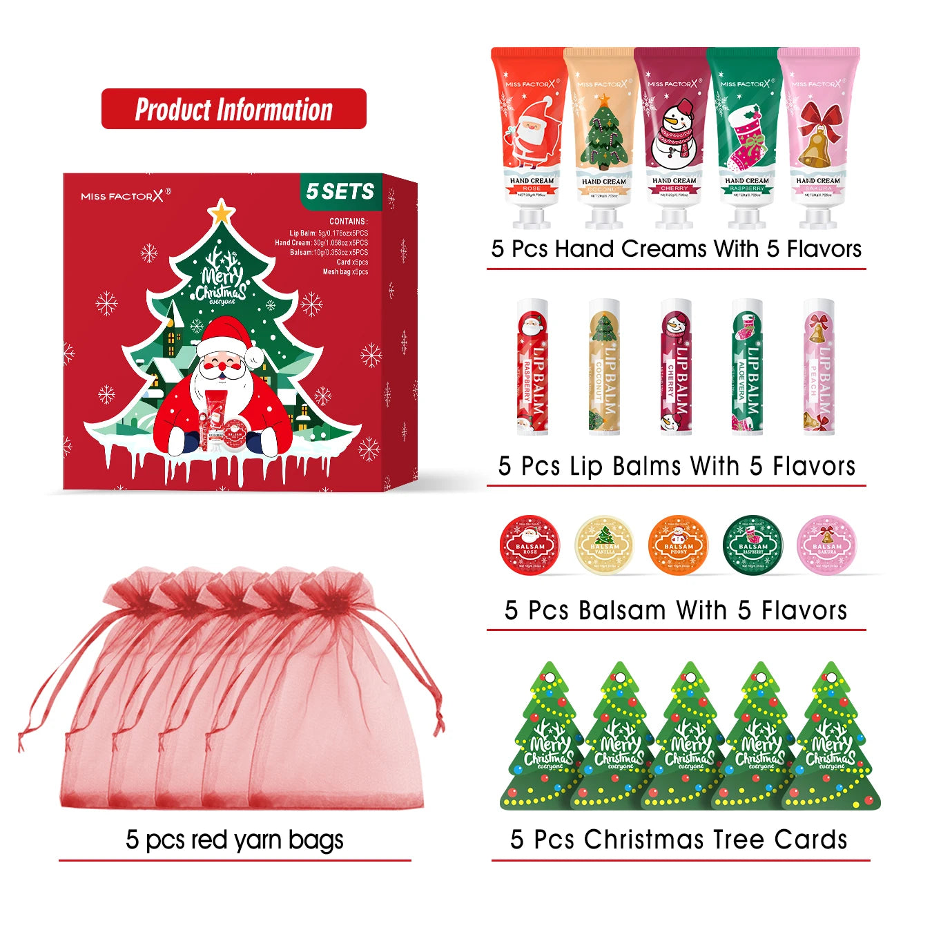 Christmas assembly gift set -5 sets, including balm, hand cream, lipstick, red gauze bag, Christmas tree thank you card