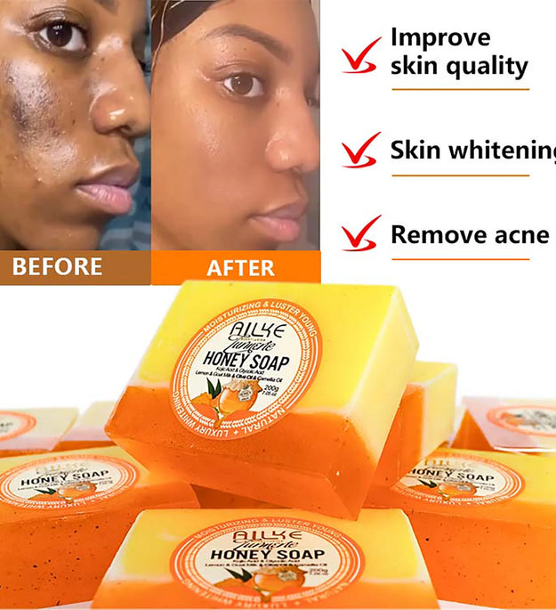 AILKE Natural Turmeric Honey Soap Bar, Whitening, Clean Skin, Remove Dark Spots, Stains, With Kojic Acid, Lemon, 200g/7 oz