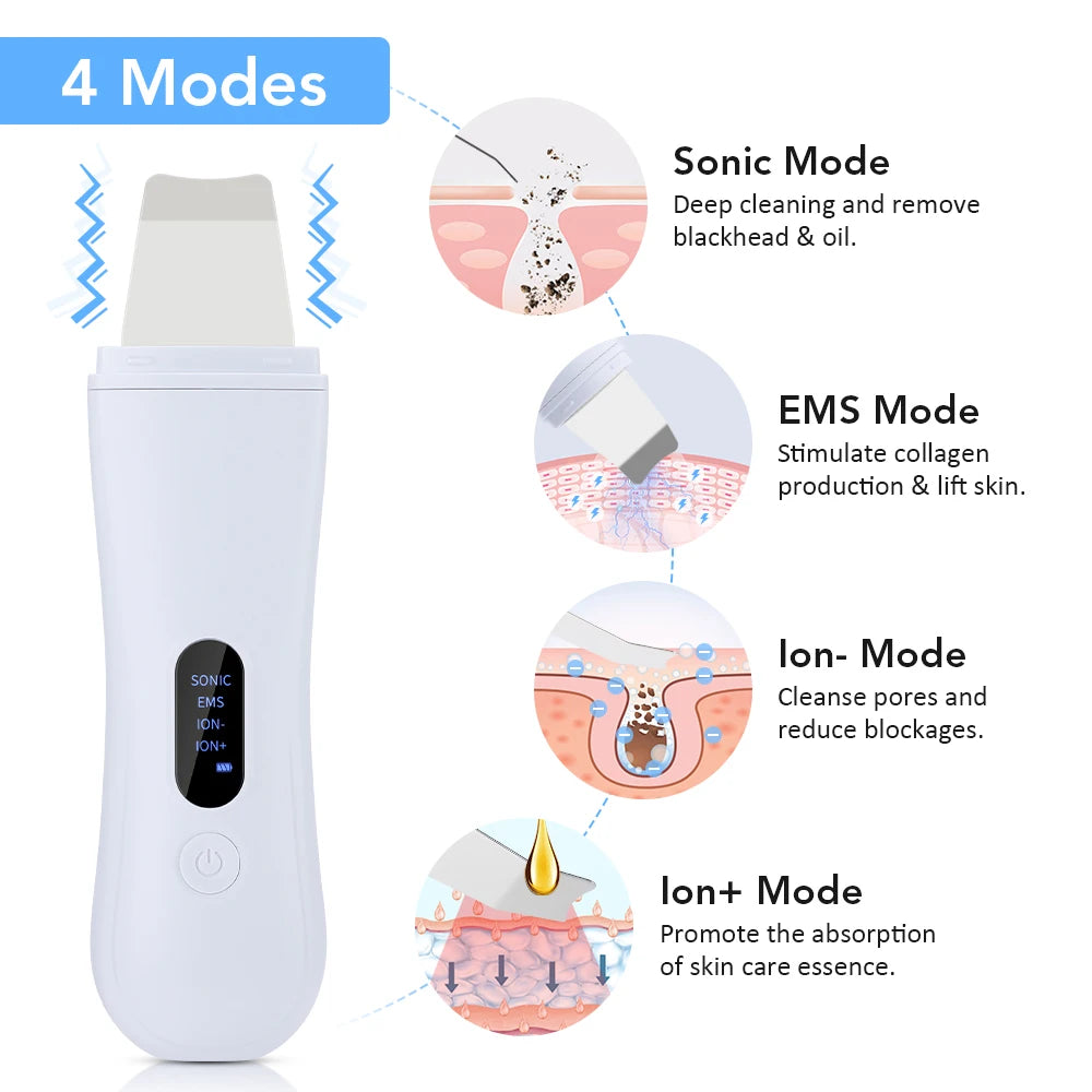 Ultrasonic Skin Scrubber Skin Spatula Ion Deep Face Cleaning 4 Modes Facial Lifting Ultrasonic Cleaner Peeling Skin Care Device - BlissFully