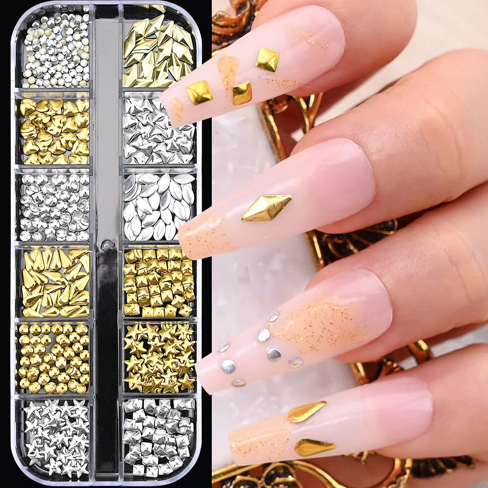 12Grids Ocean Gold Nail Art Charms Shell/Seahorse/Starfish White Half Round Pearl Gems 3D Mixed Punk Manicure Metal Rivets Studs