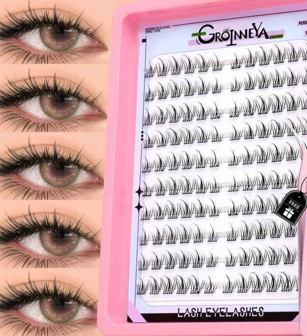 GROINNEYA Natural Cluster Lashes Manga Lashes Soft Cross Wispy Individual Cluster Eyelashes Extension Makeup