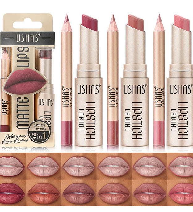 USHAS 12 Color Lip Liner + LIPSTICK Set Easy Coloring Matte Lipstick Long lasting nude red lipstick
