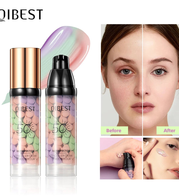 QIBEST Face Makeup Primer Tri-color Cream Brighten Contour Color Isolation Waterproof Foundation Natural Makeup Base Cream