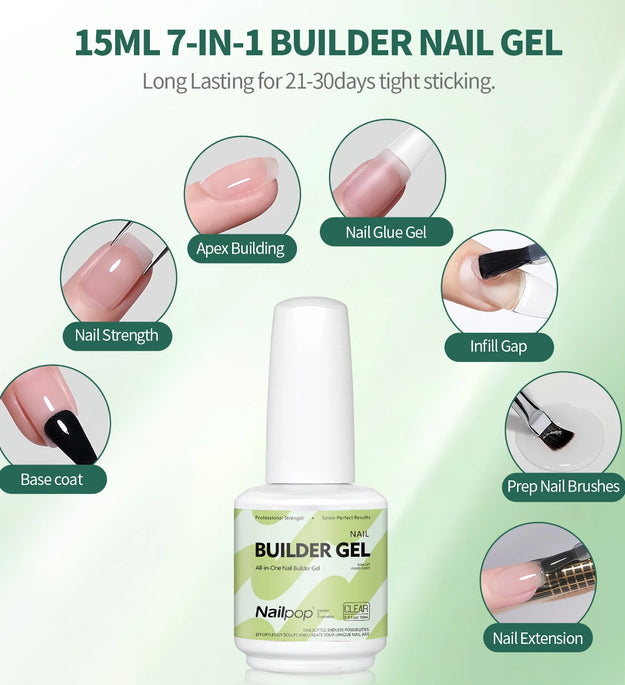 Nailpop 15ml Builder Gel Nail Polish for Nail Apex & Extension Strengthener Upgraded Soak Off UV Gel Rhinestone Glue 4 Colors