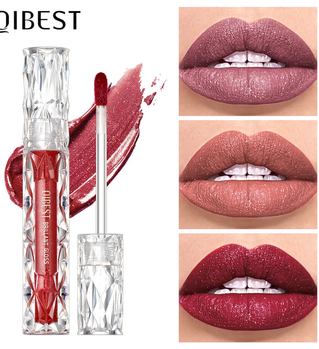QIBEST Shimmer Lip Gloss Diamond Glitter Lip Tint Waterproof Long Lasting Matte Liquid Lipstick Red Purple Lipgloss Women Makeup