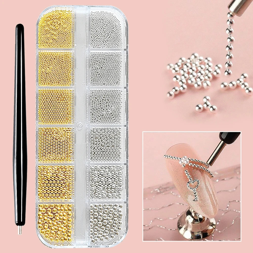 12Grids Mini Caviar Beads Nail Art Decorations Metal Gold/Silver Micro Ball Nail Charms Magnetic Pen 0.5~3mm Ball Nail Jewelry