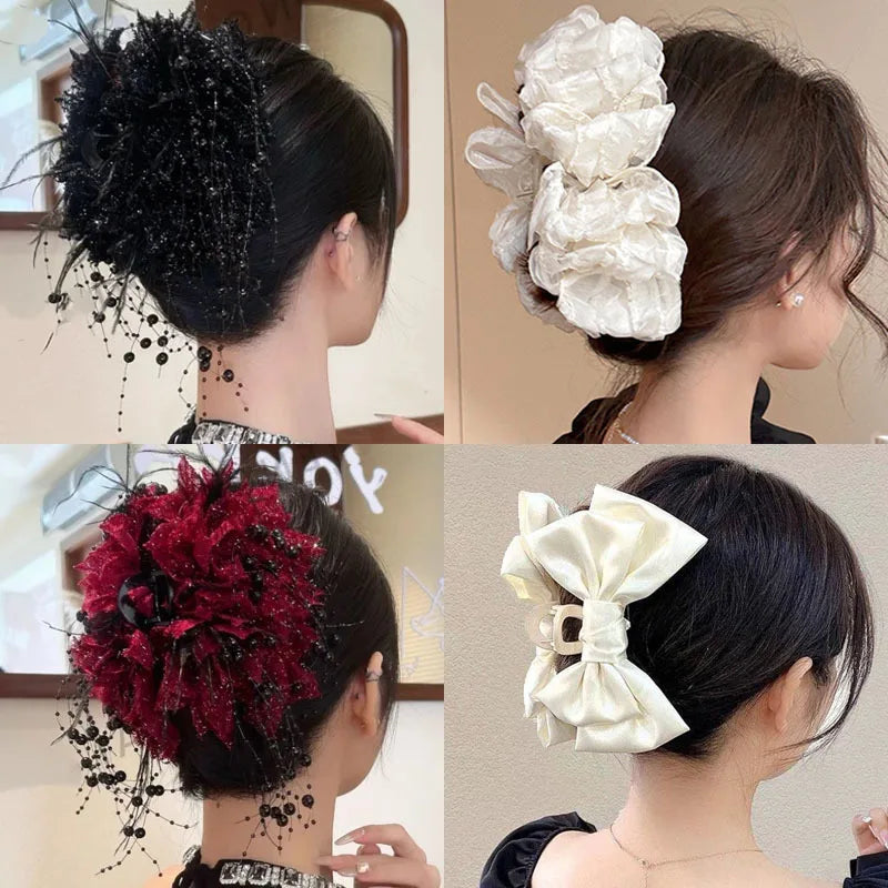 New Large Chiffon Bow Hair Claw Clip Elegant Large Size Fabric Ribbon Flower Hair Clip Jaw Clamps Accessories For Women Hairpins