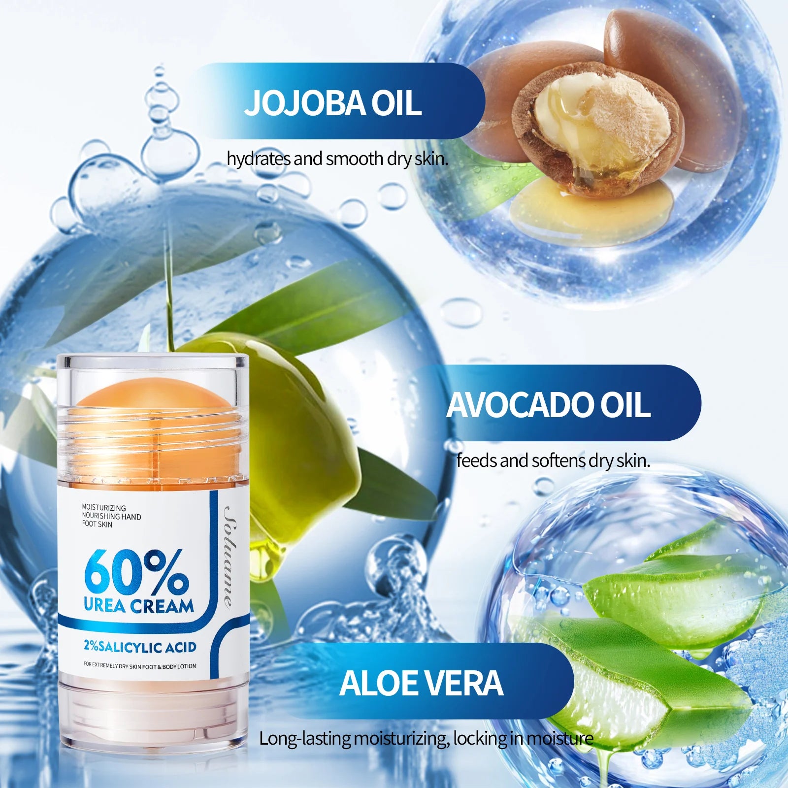 2 Pcs 60% Urea Foot Cream Stick with 2% Salicylic Acid, Foot Care Cream Moisturizer for Dry Cracked Feet, Knees, Hands