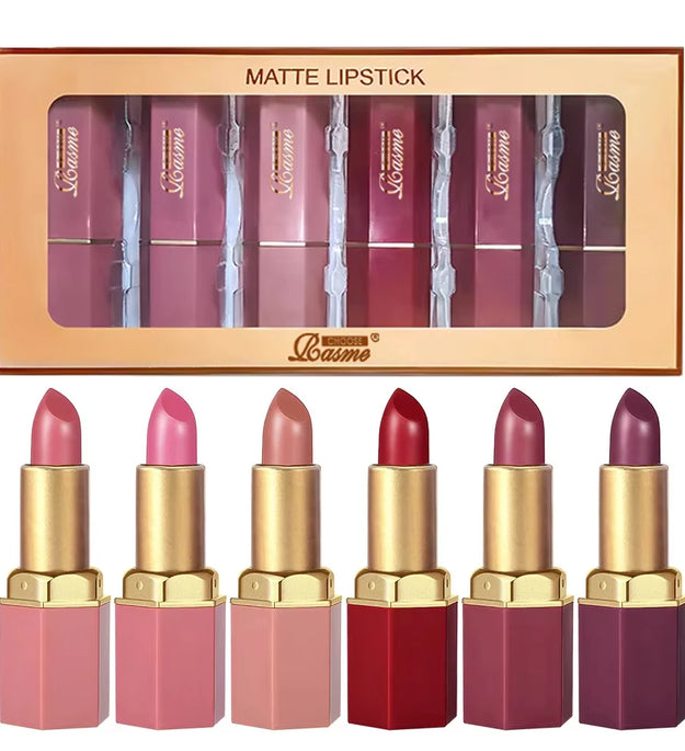 6 Colors Gold Bar Tube Lipstick Matte Texture Pearlescent Glitter Velvet Lipstick Valentine's Day Gift 6PCS