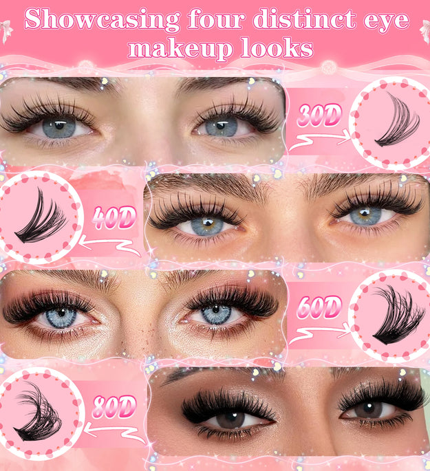 800PCS 30406080D Clusters Lashes Extension Kit, Length 9-16mm Natural Eyelashes,Cat eye,Bond and Seal,Tweezers,Brush,DIY At Home