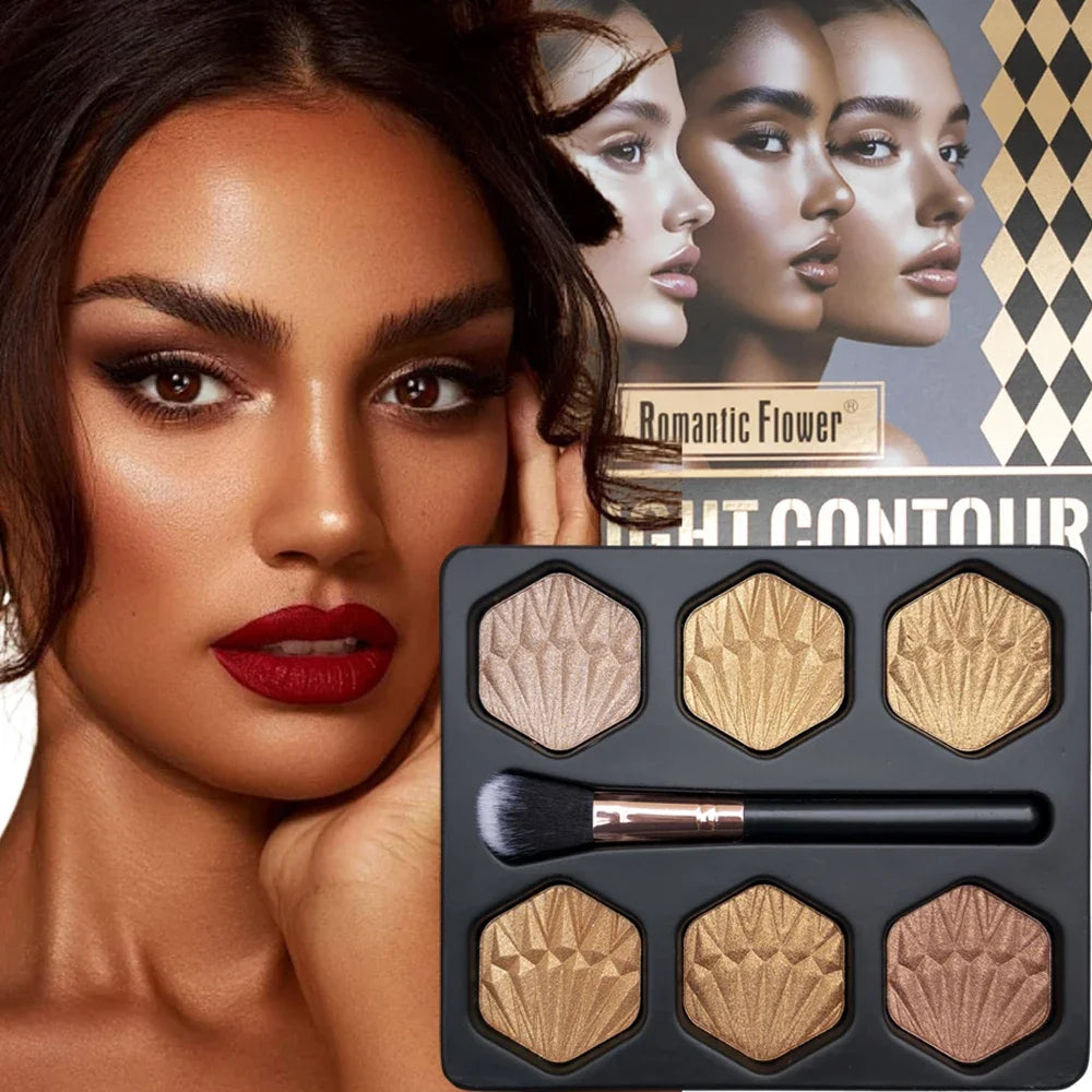 6-Color Bronzed Fine Glitter Highlighter Palette - Eyeshadow Brush Included Contour Highlighter Sculpts Facial Bones