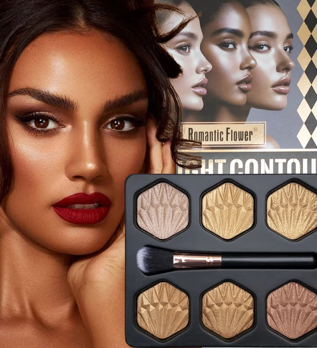 6-Color Bronzed Fine Glitter Highlighter Palette - Eyeshadow Brush Included Contour Highlighter Sculpts Facial Bones