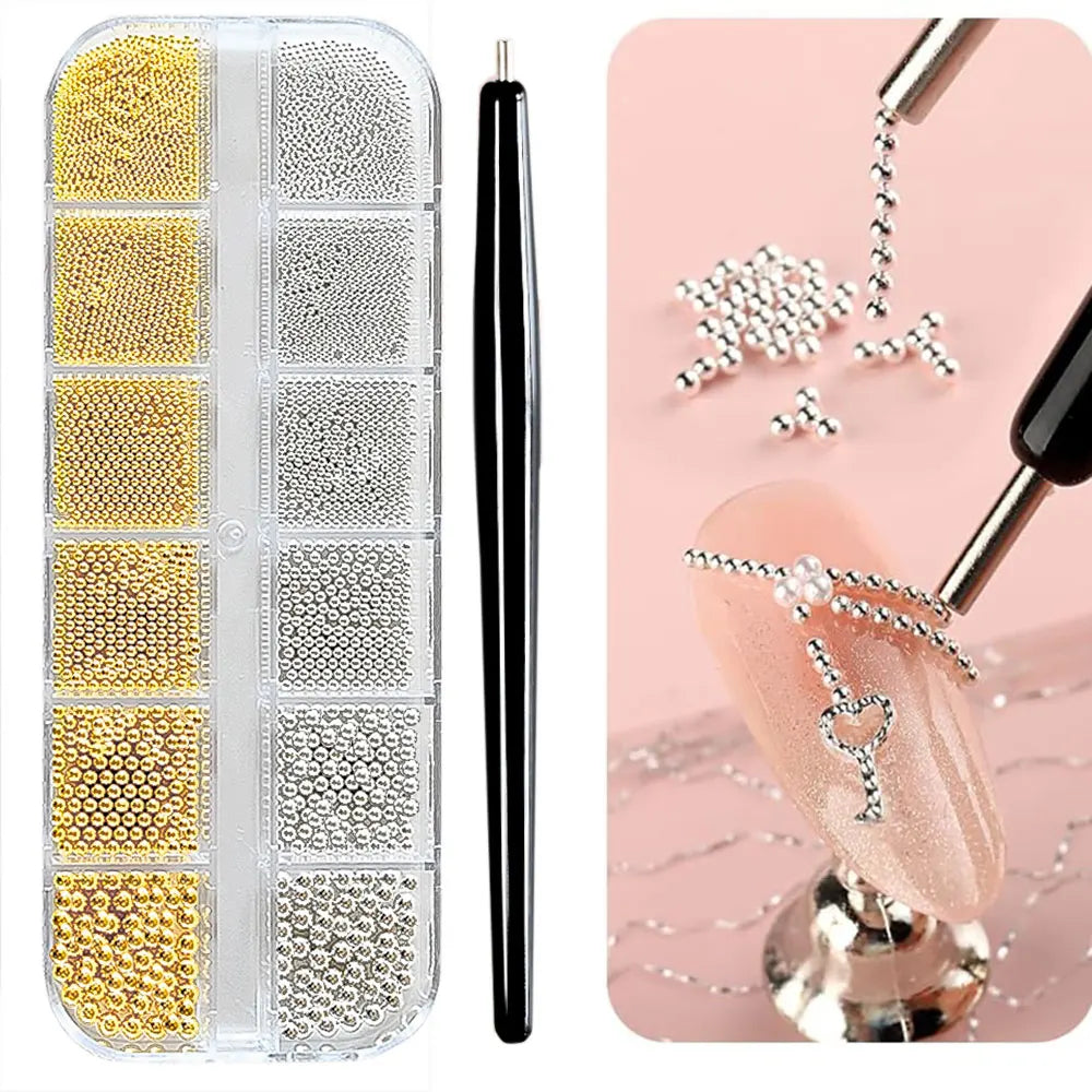 12Grid Gold/Silver Mini Caviar Beads Nail Art Decorations Metal Micro Balls Nail Charm with Magnetic Pen 3D Mini Caviar Nail Gem