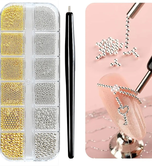 12Grid Gold/Silver Mini Caviar Beads Nail Art Decorations Metal Micro Balls Nail Charm with Magnetic Pen 3D Mini Caviar Nail Gem