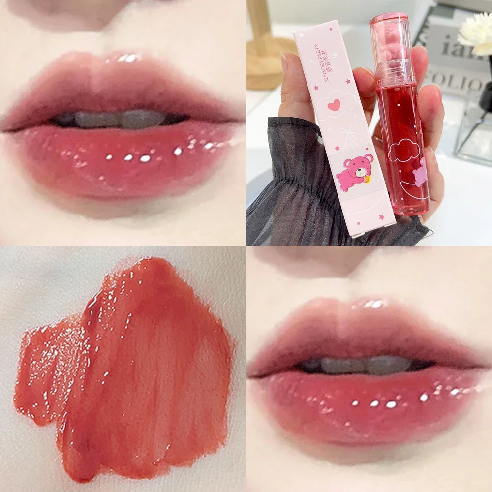Crystal-frozen Glossy Lip Glaze Cute Bear Pink Jelly Lipgloss Glossy Mirror White Nude Liquid Lipstick Lips Makeup Korean Makeup