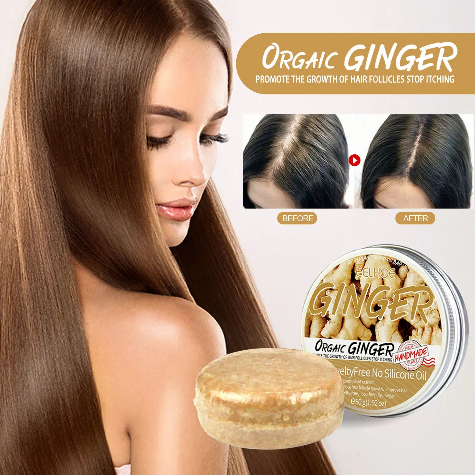 60g Natural Ginger Shampoo Soap Reduce Hair Loss Clean Dandruff Nourish Moisturize Scalp Improve Hair Quality Hair Care Product - BlissFully