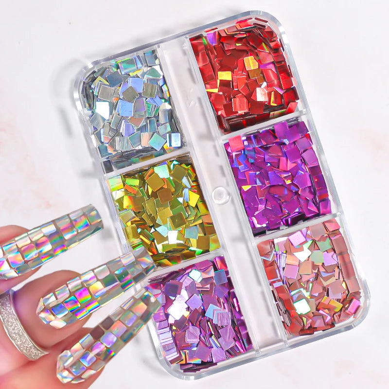 6Grids Holographic Square Nail Art Glitter Sequins Laser Ball Decoration Flakes Manicure Nails Supplies Professional Accessories