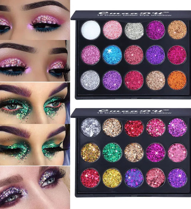 CmaaDu 15 Colors Gold Scallion Powder Diamond Glitter Eyeshadow Tray Shimmering Dazzling Universal Waterproof Easy to Color