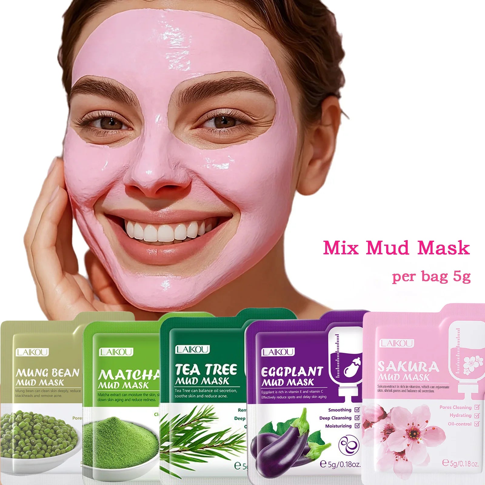 Purifying Clay Facial Mask in Pouch,For Acne, Oily & Combination Skin, Deep Cleansing, Detoxifying, Skin Care, Face Mud Mask 5g