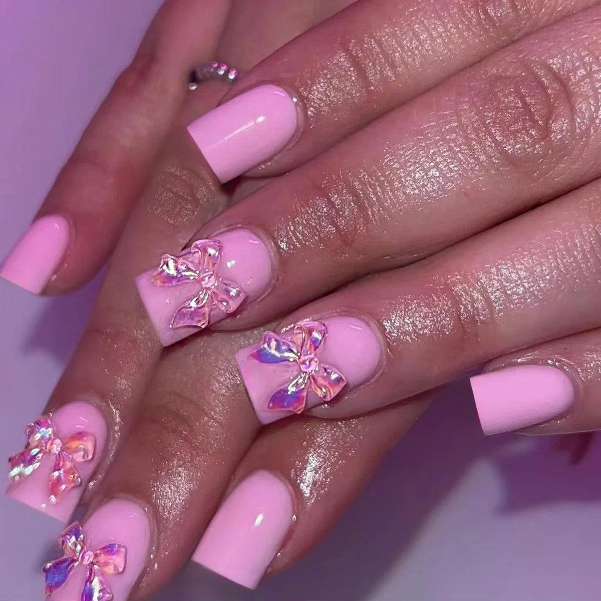 White French Press on Nails 3D Bowknot Fake Nails Tips Full Cover Wearable False Nails for Women and Girls DIY Manicure 24Pcs