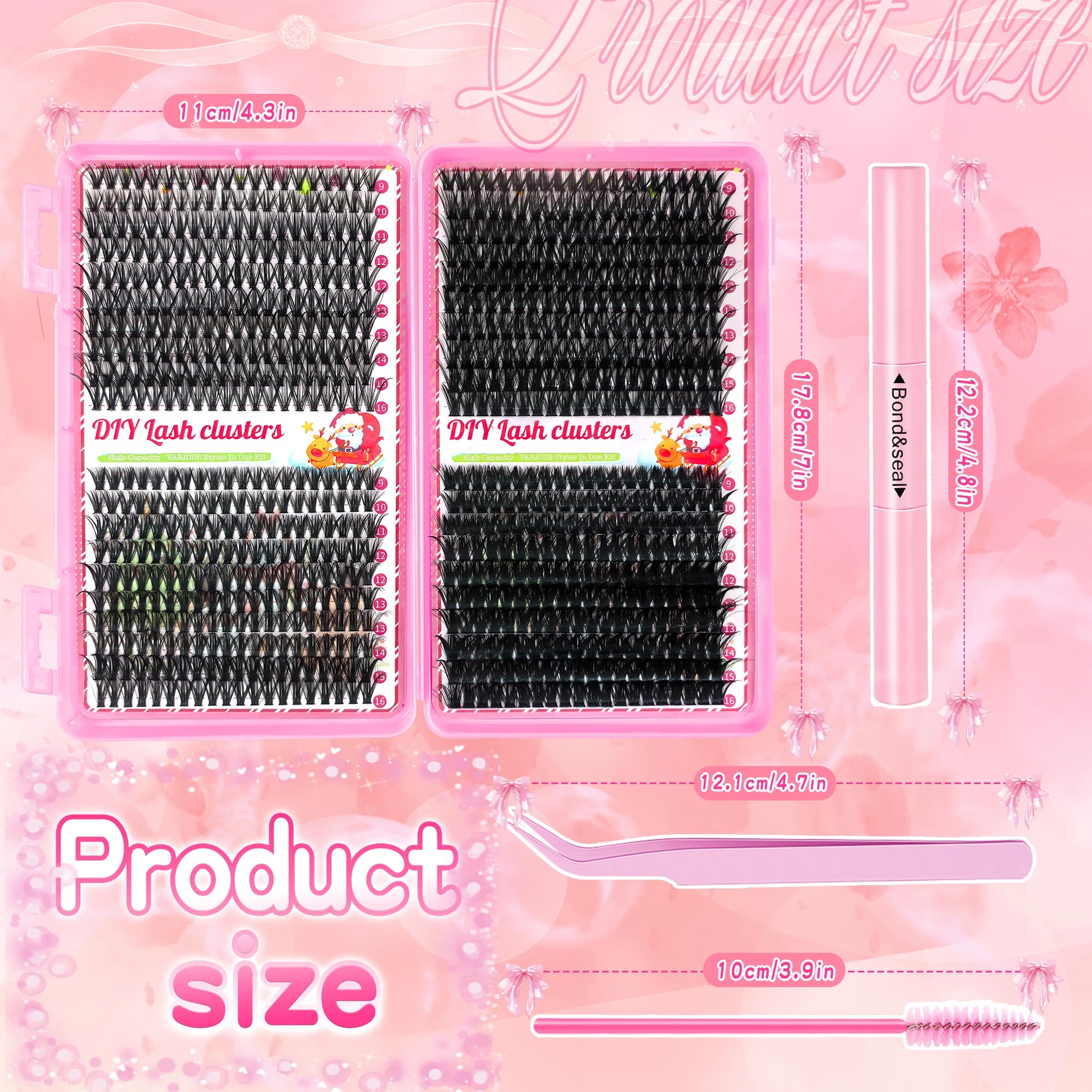 800PCS 30406080D Clusters Lashes Extension Kit, Length 9-16mm Natural Eyelashes,Cat eye,Bond and Seal,Tweezers,Brush,DIY At Home