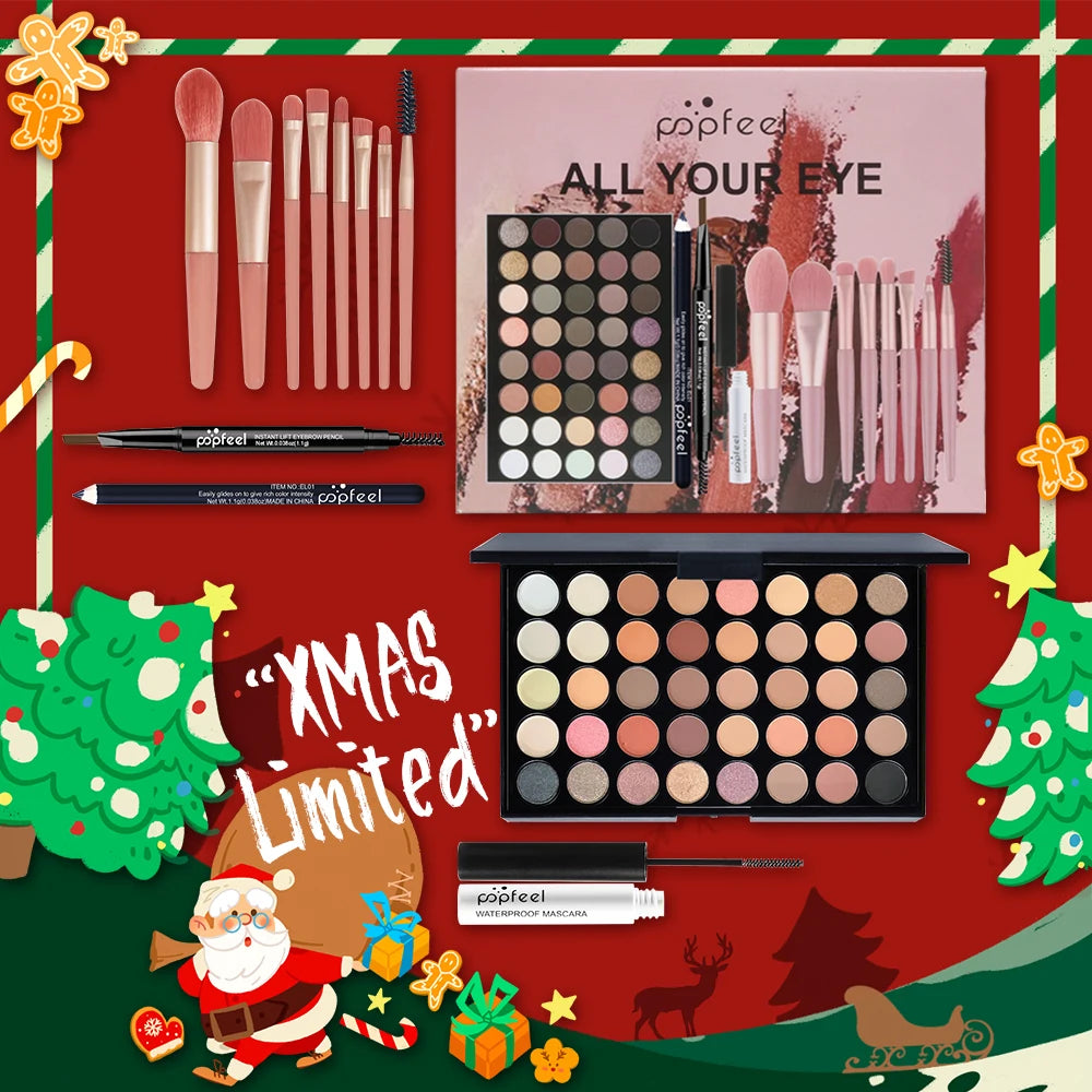 POPFEEL Complete Christmas Makeup Set Gift Box -Holiday Surprise for Friends and Family | Festive Christmas Cosmetics Collection
