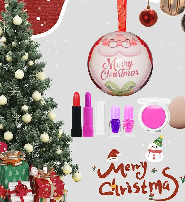 POPFEEL Christmas Makeup Ball - Includes Eyeshadow, Blush, Lipstick, Nail Polish, Puff, and Festive Tree Ornament - Perfect Gift