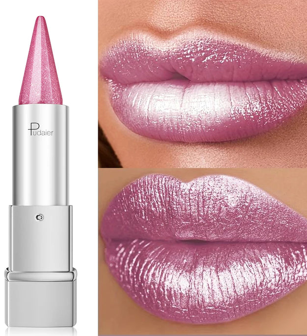 Pearl Shimmer Lipstick for Women, Metallic High Shine Lip Color, Waterproof Smudge Proof, 24 Hours Long Lasting, Lightweight Gla