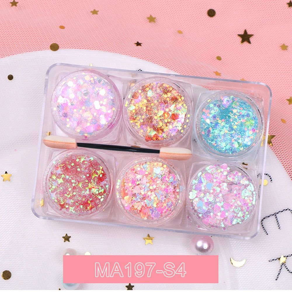 6Jars/Set Face Eye Body Hair Nail Glitter Sequins Sparkling Heart/Star/Hexagon Eyeshadow Flakes for Christmas Party Makeup Decor