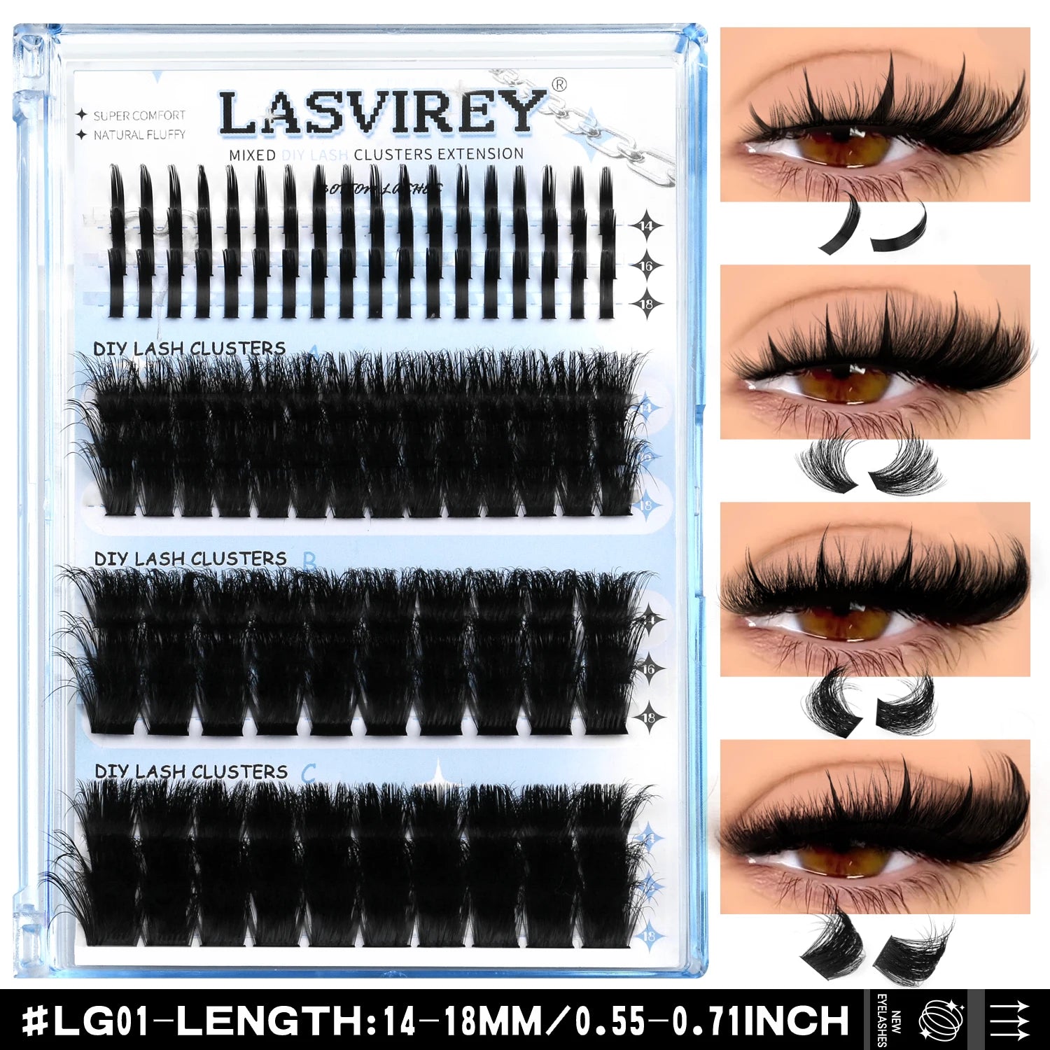 Lasvirey Cluster Lashes Kit DIY Fluffy Lash Clusters 4 IN 1 Mixed Full Set Individual Eyelashes Extension with Lash Bond & Seal