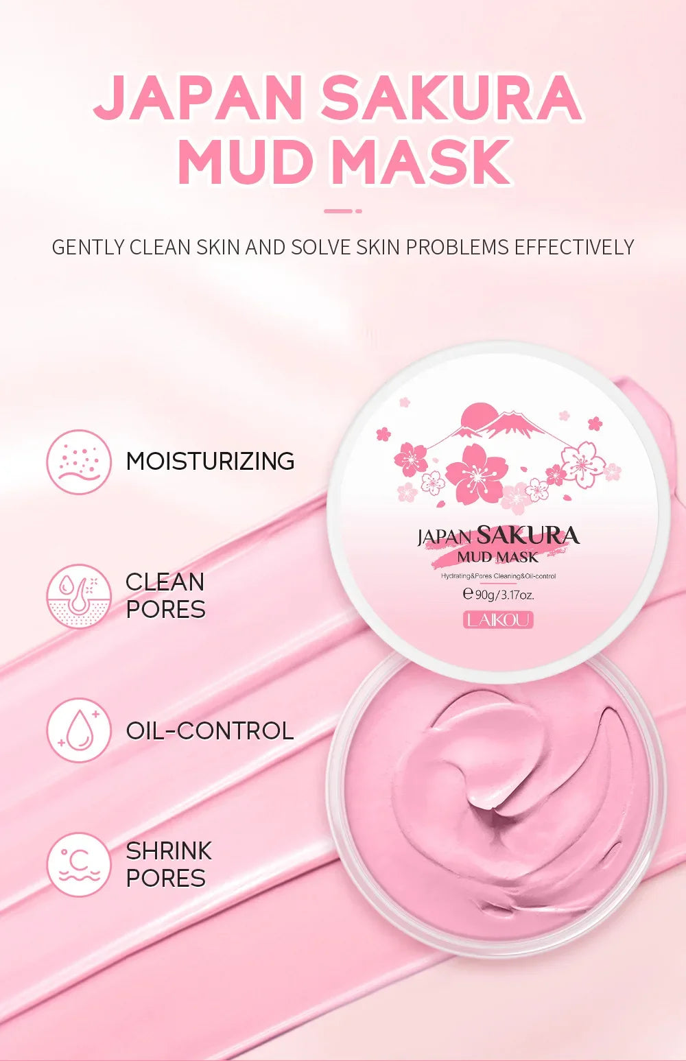 Laikou Sakura Mud Mask Deep Cleansing Oil Control Balance Antioxidan Shrink Pores Remove Blackheads Refreshing Facial Mask90/25g